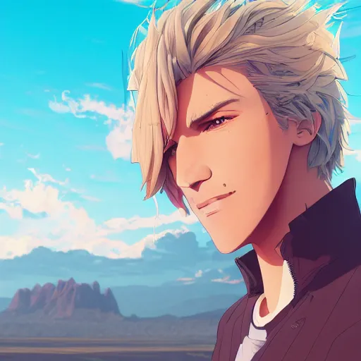 Image similar to ⁠portrait of Félix Lengyel(xqc), New Mexican desert background, rich vivid colors, ambient lighting, dynamic lighting, 4k, HQ, official media, anime key visual, makoto shinkai, ilya kuvshinov, lois van baarle, rossdraws, detailed, trending on artstation