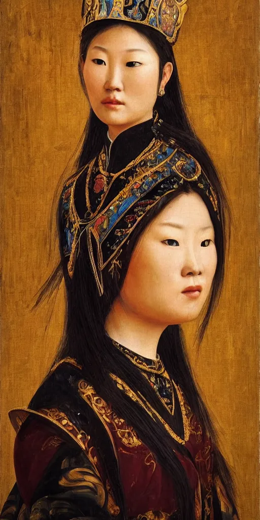 Prompt: Beautiful Renaissance period oil painting of an Mongolian princess!!!!! by Josep Tapiró Baró, face portrait, cinematic and highly detailed oil painting masterpiece, RPG portrait, dynamic lighting, 8K, very very very aesthetic