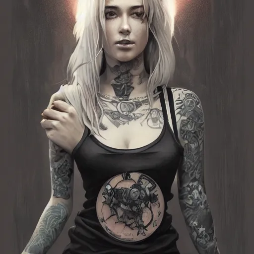 Image similar to swedish bar maid, tattoos, black t - shirt, black skirt, detailed portrait, intricate complexity, by greg rutkowski, artgerm, ross tran, conrad roset, takato yomamoto, ilya kuvshinov. 4 k, beautiful, cinematic dramatic atmosphere