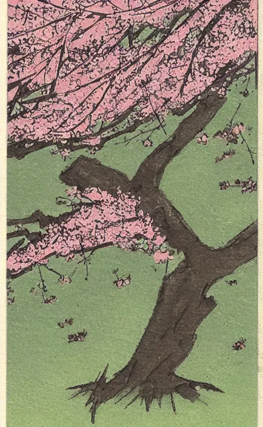 Image similar to by akio watanabe, manga art, cherry blossoms falling, a tree on a hill, trading card front