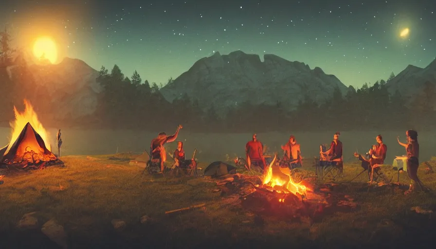 Image similar to survivor camp with campfire at night, guitar, tents, hill, mountains, forest, stars in the sky, hyperdetailed, artstation, cgsociety, 8 k