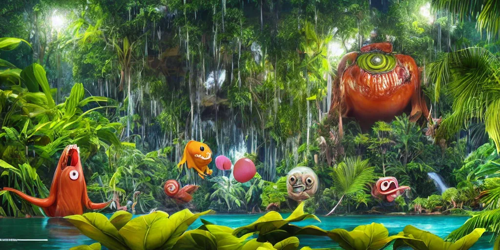 Image similar to of a tropical rainforest lake with strange cute friendly happy creatures with huge eyes, mouth, long tongue, round teeth and goofy face, appearing from the water, in the style of gehry and gaudi, macro lens, shallow depth of field, ultra detailed, digital painting, trending artstation, concept art, illustration, cinematic lighting, photorealism, epic, octane render