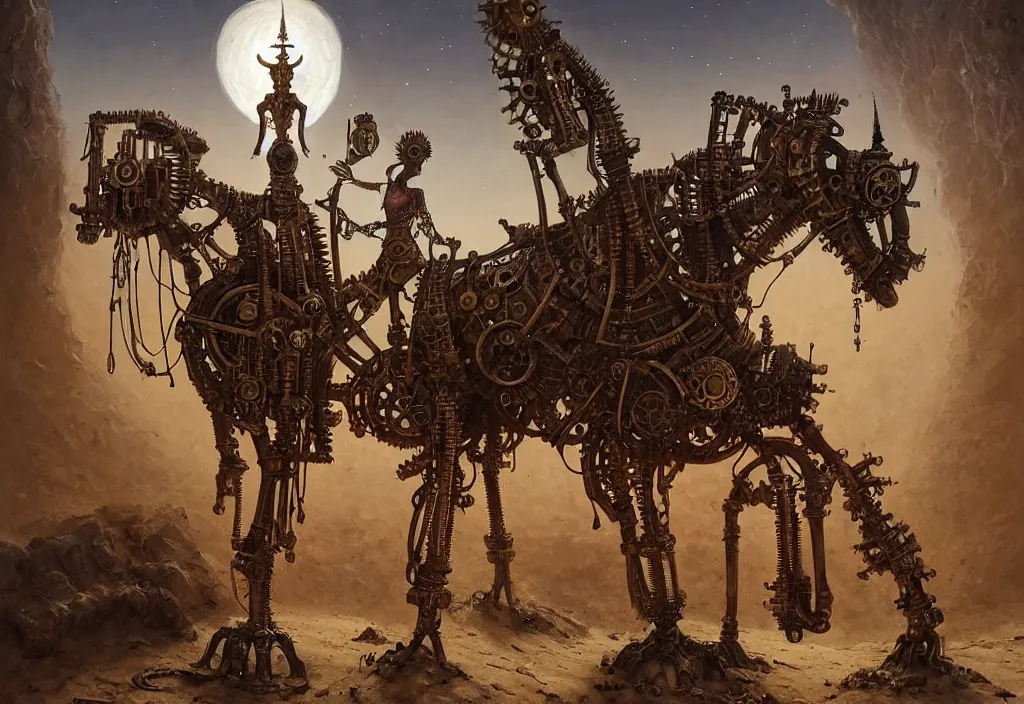 Prompt: A closeup human in arabian vestments performs a magical ritual to resurrect a mechanical horse inside a ancient steel ruins. Barchans and dunes of sand. Art by Finnian MacManus, Simon Stalenhag, Arthur Rackham. Masterpiece, fantasy art, steampunk, hyperdetailed, photorealistic, hyperrealism