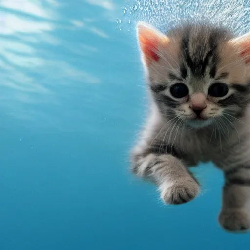 Image similar to a cute baby kitten swimming underwater trying to catch a fish, (((water bubbles))), award-winning photograph, national geographic, 8K UHD