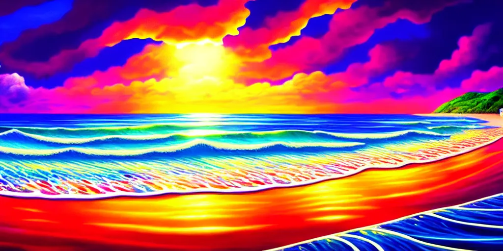 Image similar to a beach shaped like a singing mouth, the waves are made is musical notes, one wave is shaped like the mouths tongue, very colorful painting 8 k trending on art station, intricate details, very realistic, cinematic lighting, volumetric lighting,