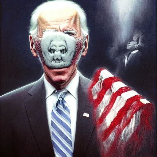 Image similar to presidential portrait of joe biden with shadowy mist pouring from mouth and nose as slenderman, by beksinski, jon mcnaughton, and stephen gammell