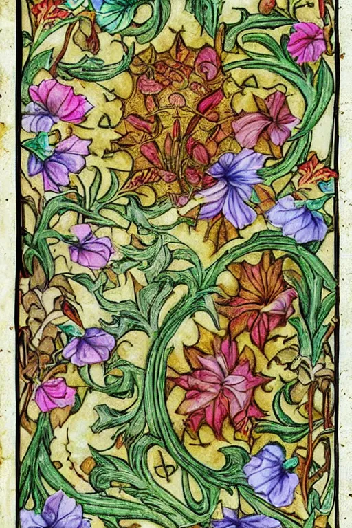 Image similar to vaporwave botanical medieval illuminated manuscript