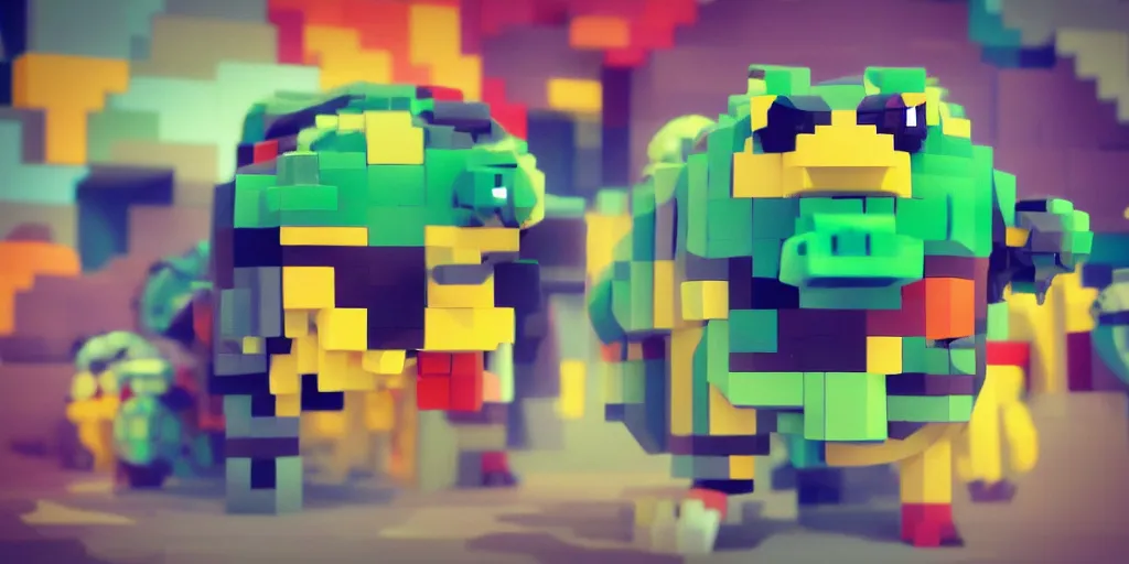 Image similar to tiny creature made of one brick, big round cute eyes, quadrupedal, cute looking, blocky shape, kawaii, sharp focus, character, game concept art, blocky, lego mixels, flat toon style like katamari damacy inspired, pokemon inspired, promotional poster art, high quality voxel render