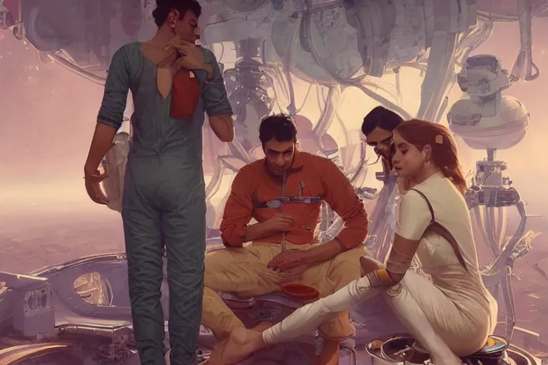 Image similar to Exhausted good looking pale young Indian doctors wearing jeans in a space station above Earth performing surgery, portrait, elegant, intricate, retrofuturistic digital painting, artstation, concept art, smooth, sharp focus, illustration, art by artgerm and greg rutkowski and alphonse mucha