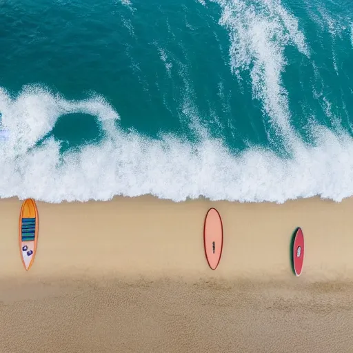 Prompt: a drone shot from above of the ocean with bright blue water and big waves that are crashing on bright white sand. There are a lot of surfers sitting in the water on their surfboards waiting for waves