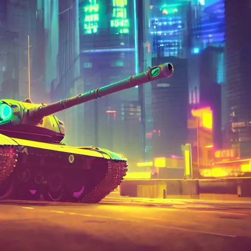 Image similar to high quality photo of a tank in a cyberpunk cyberpunk cyberpunk city, neon lights, realism, 8k, award winning photo, no water