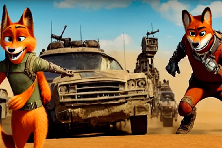 Image similar to nick wilde, heavily armed and armored facing down armageddon in a dark and gritty reboot from the makers of mad max : fury road