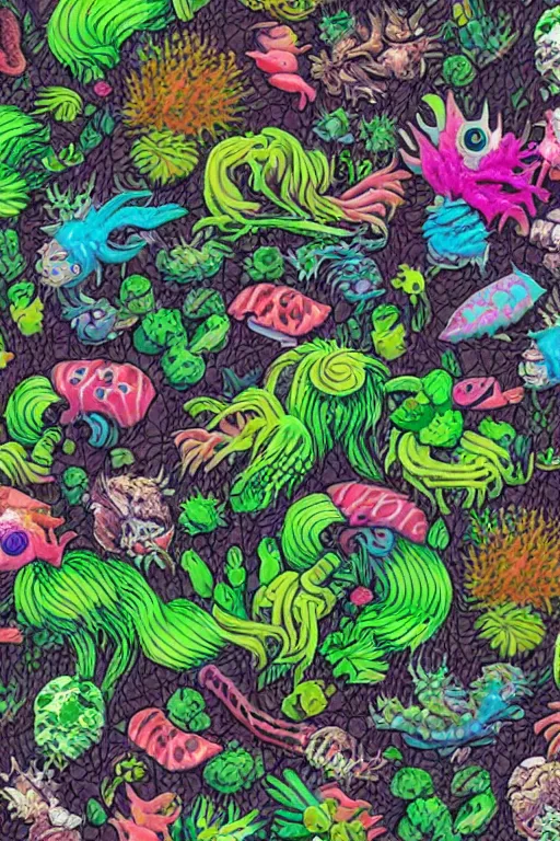 Image similar to creature sushi roots cactus elemental flush of force nature micro world fluo light deepdream