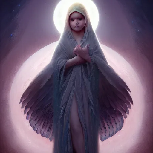 Image similar to A beautiful digital painting of a baby female Seraphim, princess, the moon behind her, intricate, cinematic lighting, highly detailed, digital painting, Artstation, concept art, smooth, sharp focus, illustration, art by Tom Bagshaw, Artgerm and Greg Rutkowski