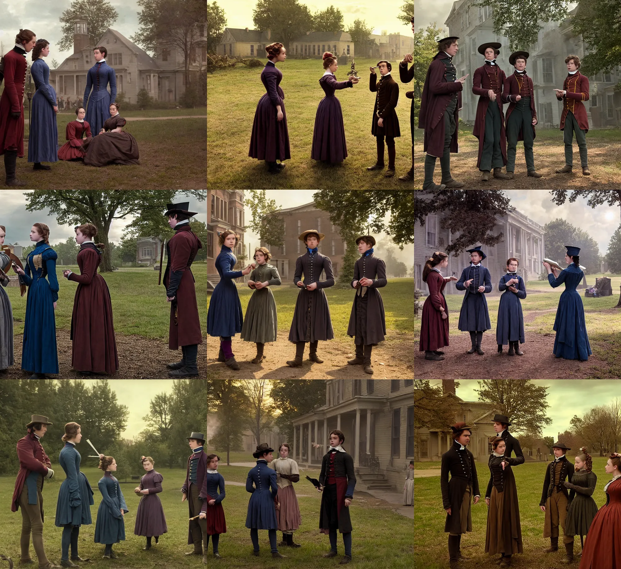 Prompt: sharp lens, detailed, film still from a 2 0 1 9 sci fi blockbuster color movie, set in 1 8 5 0 in an alternate universe, mid distant shot of three students practicing magic, outside the school of magic, 1 8 5 0 s clothing, atmospheric lighting, in focus, reflective eyes, live action, good special effects