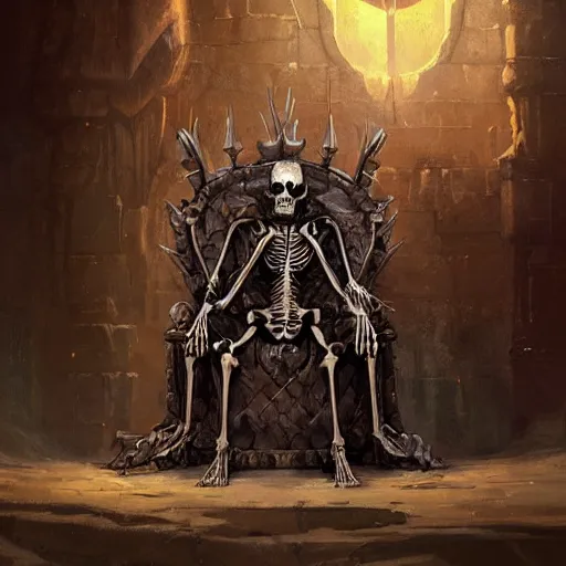 Image similar to Skeleton King, noble, resting on his throne, oil painting, by Fernanda Suarez and Greg Rutkowski