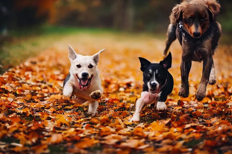 Prompt: dogs running through autumn leaves towards the camera