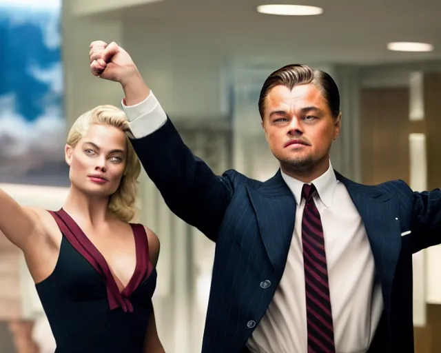 Image similar to leonardo dicaprio as the wolf of wall street holding hands with margot robbie, cinamtic, hyper detailed, 8 5 mm photograph, 8 k resolution, film still, sharp lens, wide lens