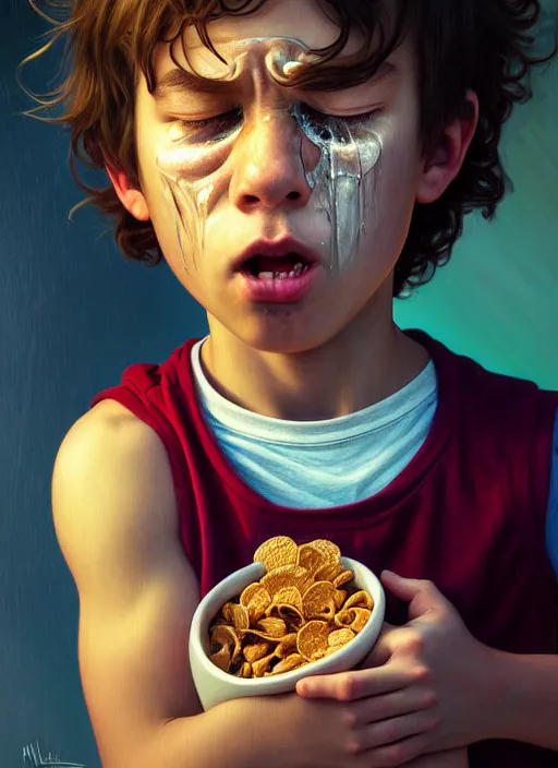 Image similar to moody portrait of a young boy sobbing uncontrollably because he has no more cereal in his bowl, tragedy, path traced, environment, highly detailed, high quality, digital painting, alena aenami, lilia alvarado, shinji aramaki, karol bak, alphonse mucha, tom bagshaw