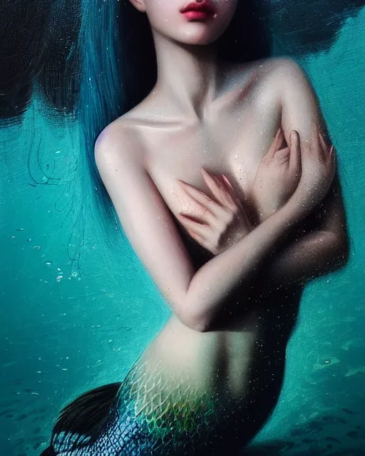 Image similar to ( ( ( portrait of mermaid ) ) ), zoom, rule of thirds, intricate, attractive, symmetrical!!, makeup, loreal, maybelline, sephora, loreal, artstation, art by greg rutkowski and gonzalo ordonez arias, and artgerm, filmic, vsco, moody, gotham, concept art, cg society,