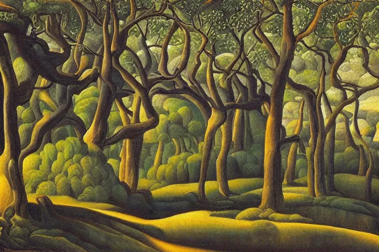 Prompt: masterpiece painting of oak trees on a hillside overlooking a creek, dramatic lighting, by diego rivera