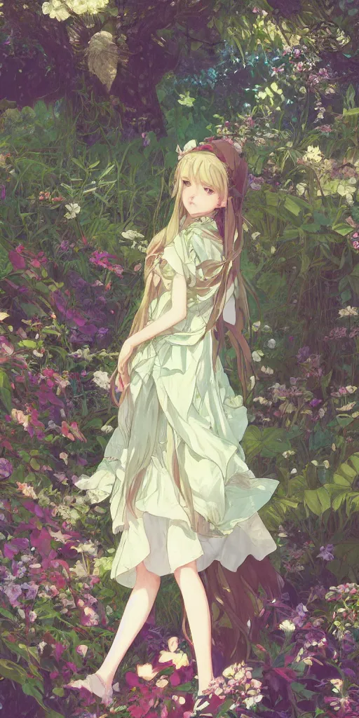 Image similar to a digital art of a loli with long hair in a dress in the privet garden at after noon, green and warm theme, back lighting, by krenz cushart and mucha and akihito yoshida and greg rutkowski and makoto shinkai, graphic design, detailed eyes, 4 k resolution, trending on art station