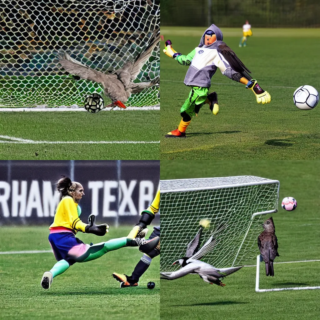 Prompt: Photo of a bird with human expressions scoring a decisive goal on another bird as a goalkeeper
