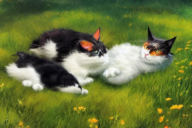 Prompt: a fat black and white male cat and a smaller tri-color tortoiseshell female cat both sleeping peacefully together in a beautiful green meadow, dreamy puffy clouds, painted by Tyler Edlin