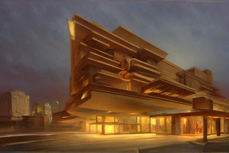 Image similar to night light as day trending on artstation building by frank lloyd wright painting by james gurney by trending on artstation matte painting,