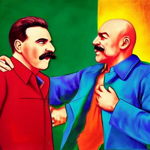 Prompt: Gay-Stalin and Gay-Lenin in gay bar, Very Highly Detailed Realistic colourfull photography