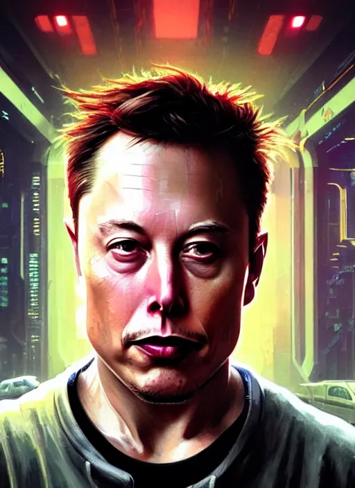 Prompt: portrait of elon musk as a homeless character in cyberpunk 2 0 7 7, looking at camera, intricate, dystopian, sci - fi, extremely detailed, digital painting, artstation, concept art, smooth, sharp focus, illustration, intimidating lighting, incredible art by artgerm and greg rutkowski and alphonse mucha and simon stalenhag