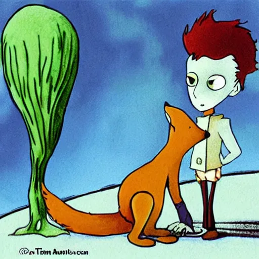 Image similar to the little prince talking to the fox, art by tim burton, corpse bride art style