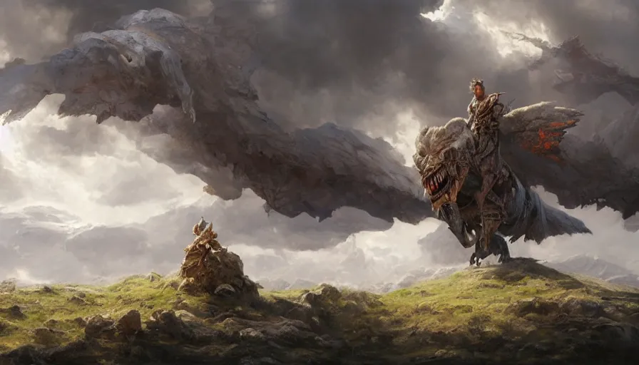 Prompt: excellent painted ancient daemon in an epic landscape in another dimension with fluffy clouds, painted by Hans Fredrik Gude, Greg Rutkowksi, Craig Mullins and Artgerm, concept art 2022, 4k, ultra realistic highly detailed oil painting
