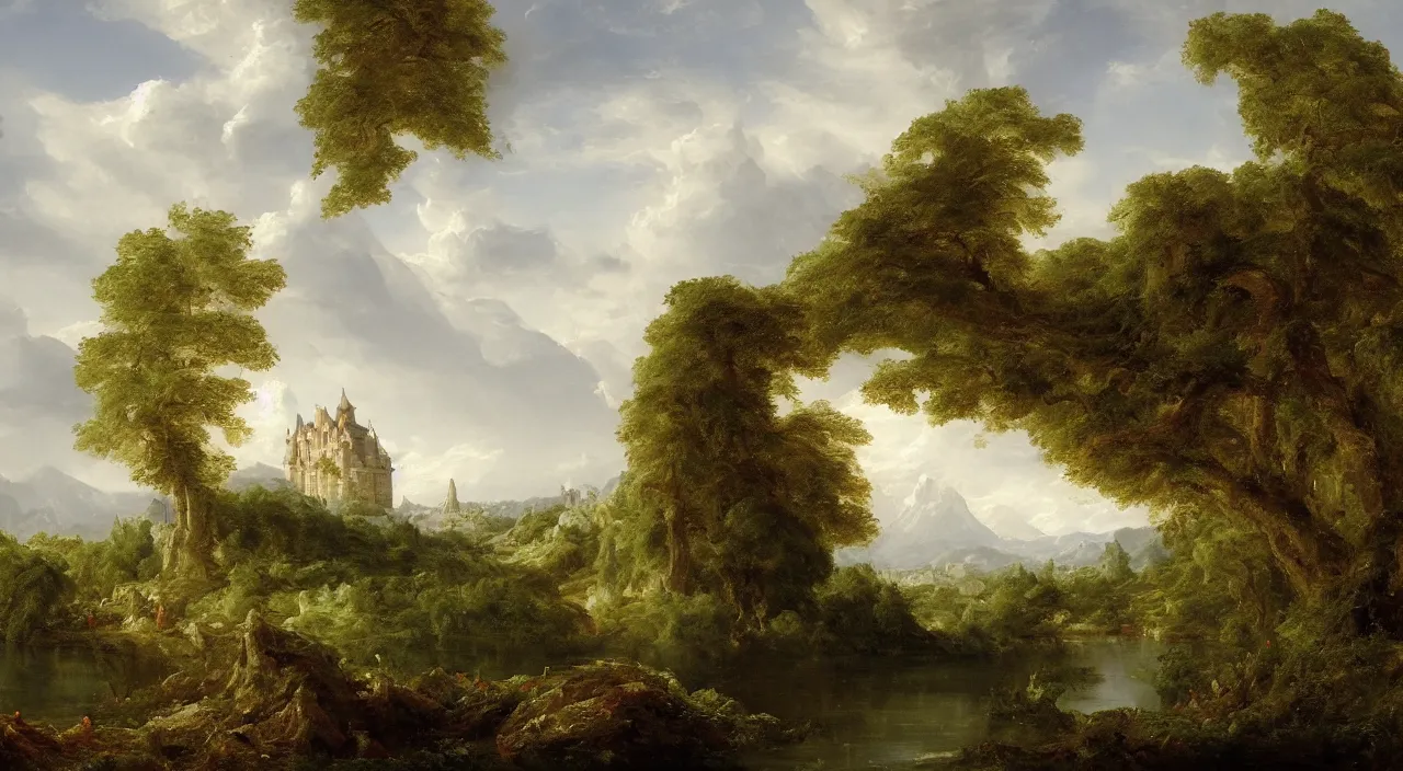 Prompt: a landscape painting of a French castle, with a garden, by Thomas Cole, trending on artstation