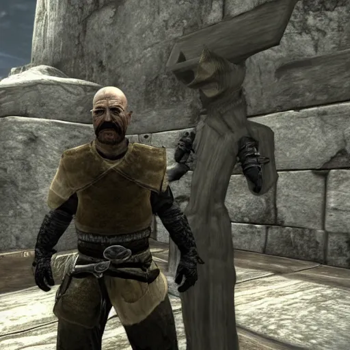 Image similar to walter white in helgen detained by imperial soldiers, tamriel, elder scrolls, skyrim, alduin, npc, rags, highly detailed