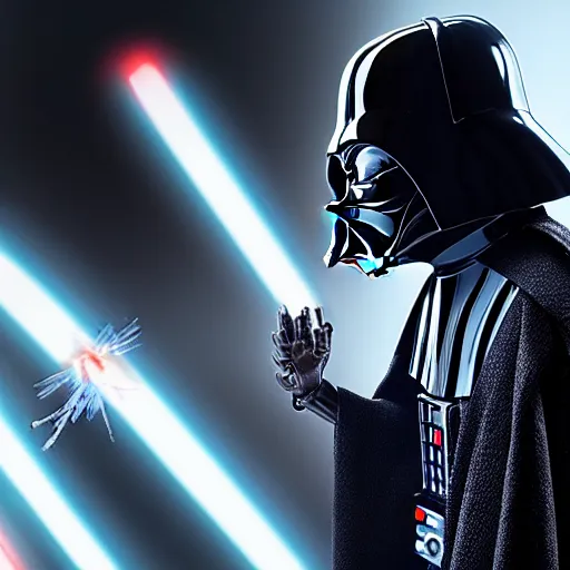 Image similar to photo of darth vader duelling with mr. bean, 8k