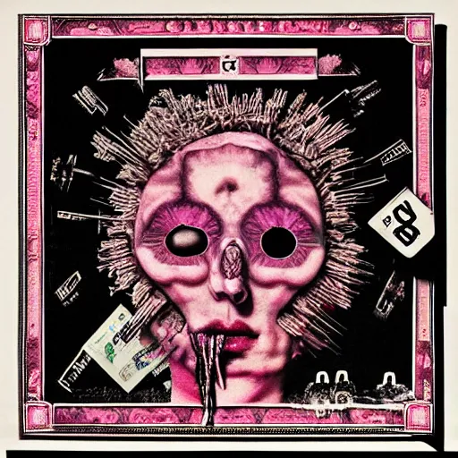 Image similar to post - punk new age album cover, asymmetrical design, frame of a dollar bank notes, capitalism, magic, apocalypse, psychedelic, black white pink, magic, giger h. r., giuseppe arcimboldo