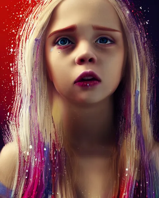 Image similar to portrait photograph of a beautiful young girl with long blonde hair wearing a white t-shir. she is crying tears of flowing exploding colors, she looks sad, distraught. paint splatte, colorful tears, crayon tears, upset, pitiful, cinematic lighting, 4k, focused, photo realistic, highly detailed, 3d rendered