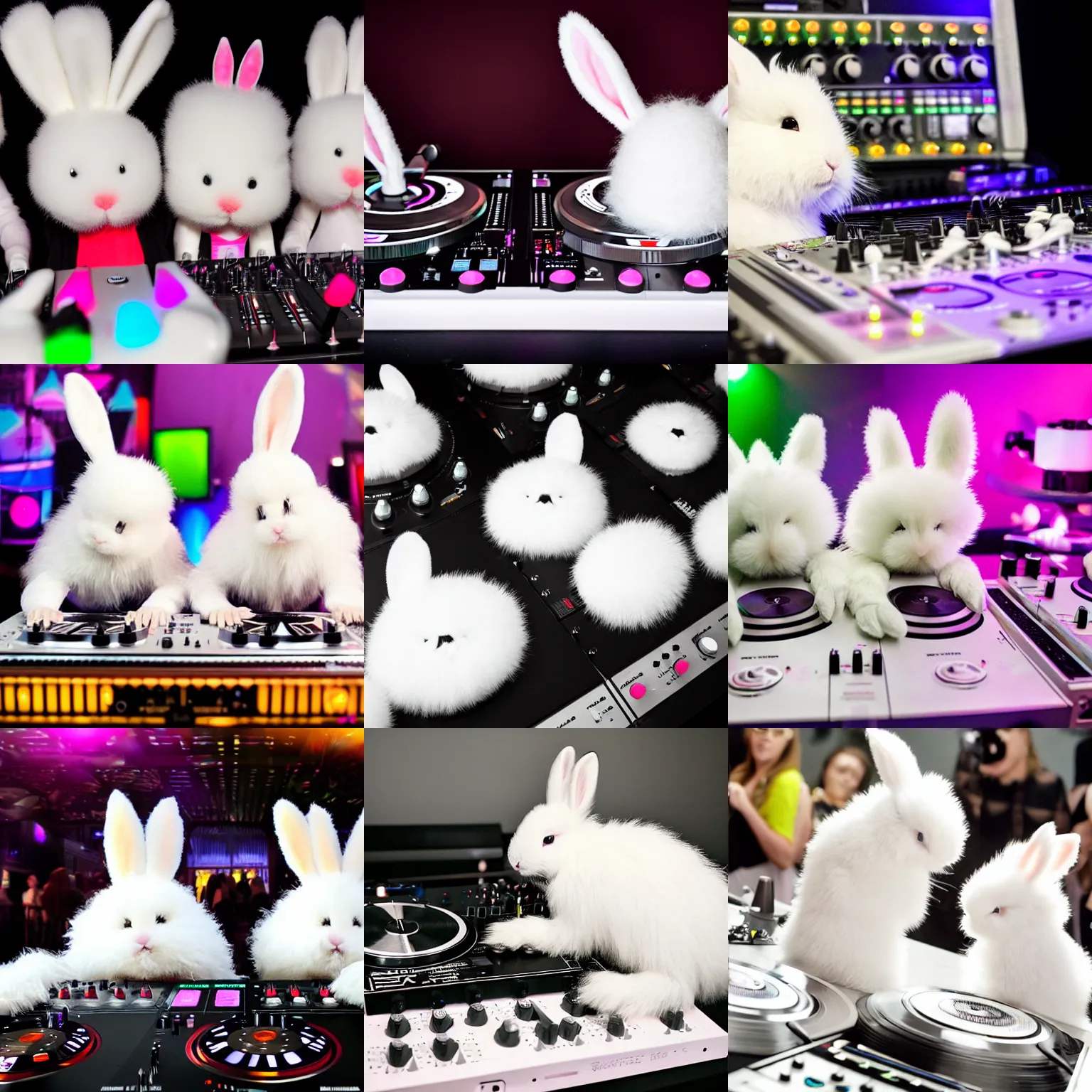 Prompt: a hundred super cute fluffy white bunny rabbits DJing with DJ turntables, photoreal