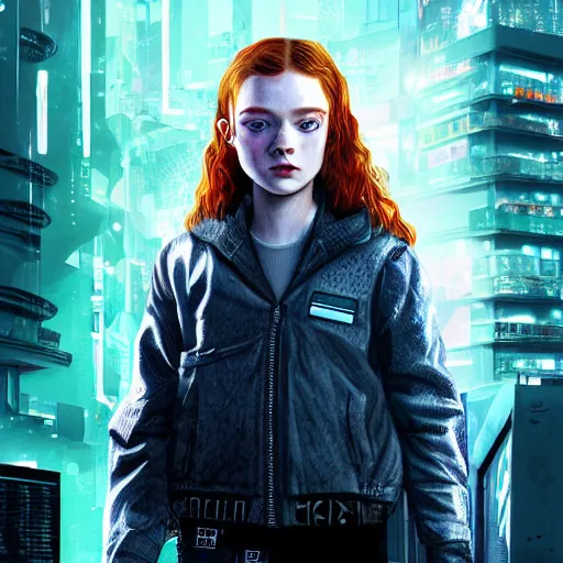 Image similar to sadie sink in cyberpunk style digital art very detailed 4 k detailed super realistic