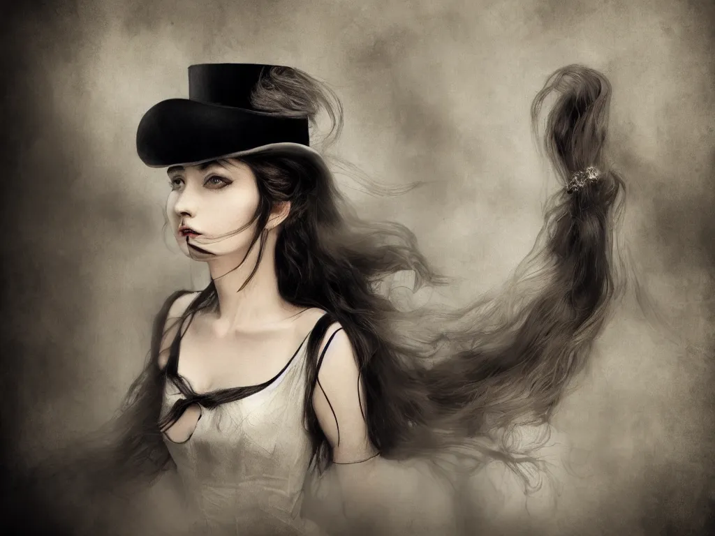 Prompt: Portrait of an elegant long haired lady wearing a gentleman suit and tophat in anime style，highly detailed, matte painting, noir, 70s, americana, photorealistic, ethereal ghostly atmosphere