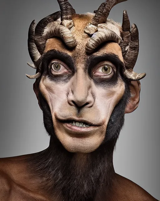 Image similar to Mauricio Macri in Elaborate Pan Satyr Goat Man Makeup and prosthetics designed by Rick Baker, Hyperreal, Head Shots Photographed in the Style of Annie Leibovitz, Studio Lighting