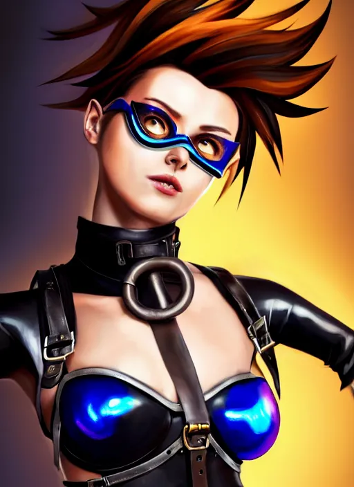 Image similar to oil painting digital artwork of tracer overwatch, confident pose, wearing black iridescent rainbow latex, 4 k, expressive happy smug expression, makeup, in style of mark arian, wearing leather collar, wearing sleek full body armor, black leather harness, expressive detailed face and eyes,