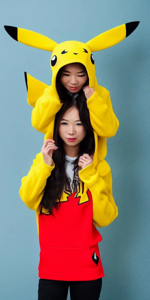 Image similar to A asian girl wearing a Pikachu hoodie, cosplay, studio ilumination, professional, trend in Instagram, 4k