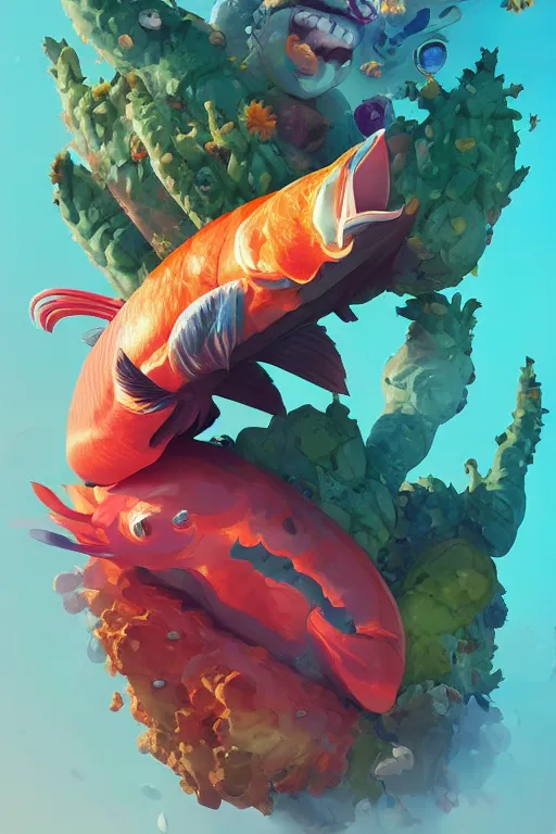 Image similar to 3 d render creature animal sushi cristal very big eye roots cactus elemental flush of force nature micro world fluo fishscale, comics gta 5 cover, official fanart behance hd artstation by jesper ejsing, by rhads, makoto shinkai and lois van baarle, ilya kuvshinov, ossdraws