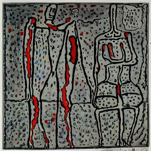Image similar to desperation; pathetic creature with nothing to lose; hopelessness; drab landscape; desolation; dubuffet