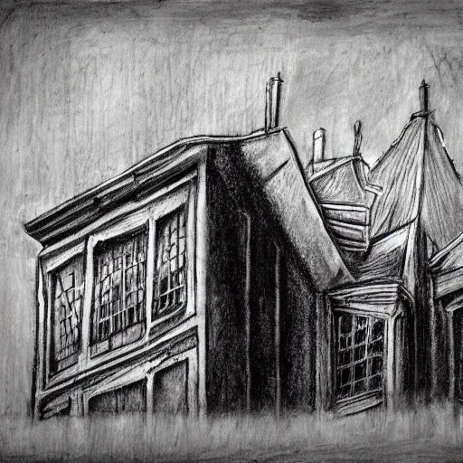 Prompt: Slanted building nightmare art, gothic style, charcoal, rough strokes,