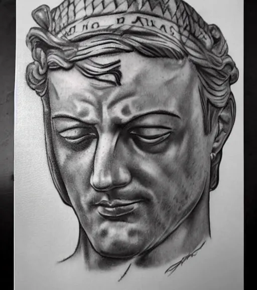 Image similar to tattoo design sketch of the statue of david cracked, in the style of den yakovlev, realistic face, black and white, realism tattoo, hyper realistic, highly detailed