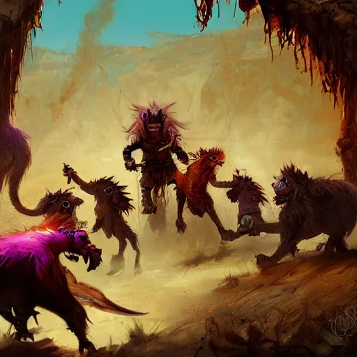 Prompt: vibrant gnoll raiding party in a desert landscape, digital painting, by seb mckinnon and frank frazetta