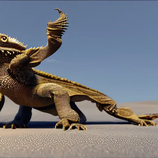 Prompt: a highly detailed beautiful anthropomorphic robot bearded dragon with smooth and streamlined armor, doing an elegant pose on the beach, artstation, DeviantArt, professional, octane render